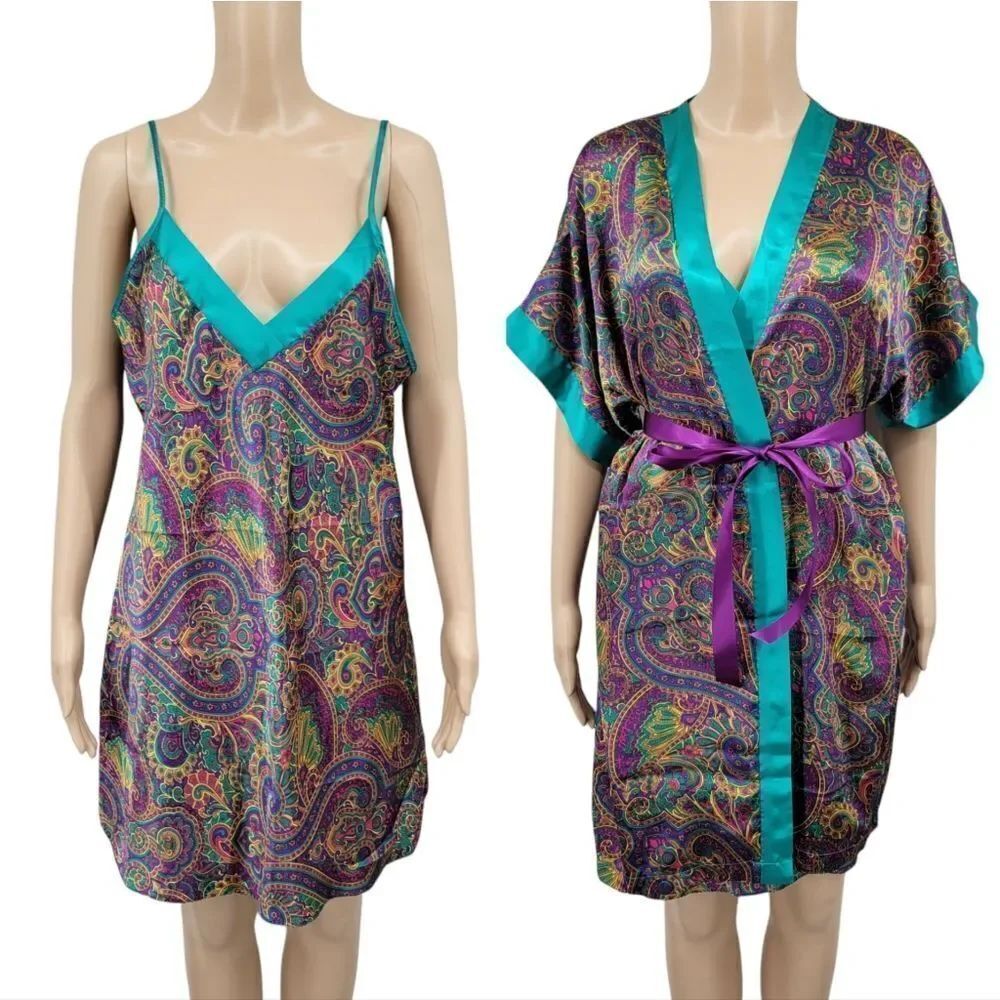 Feather Bed Vintage 90s Vibrant Paisley Satin Slip Dress and Robe Purple Teal